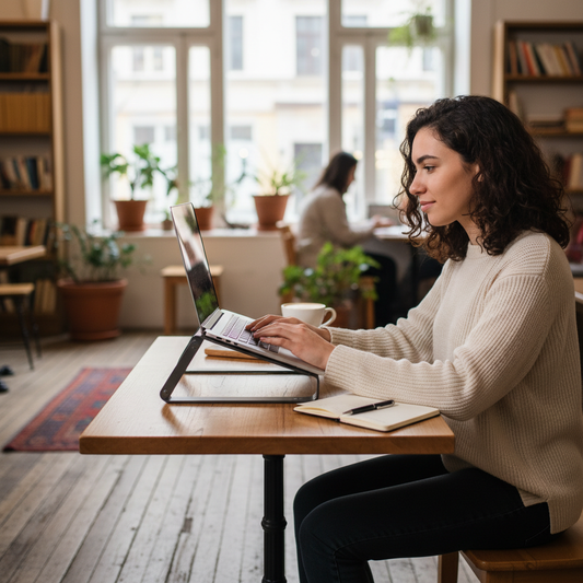 Remote worker at café using laptop stand