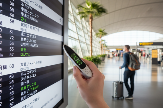 Traveler using translator pen at airport