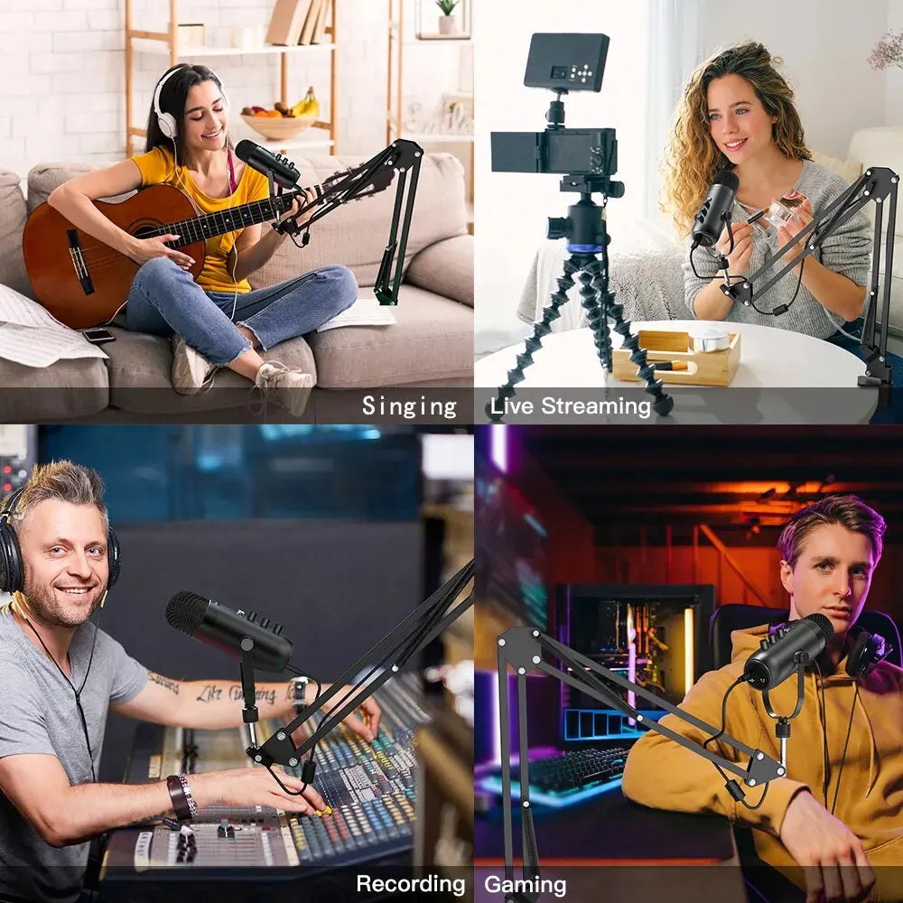 Professional USB Streaming Podcast PC Microphone Studio Cardioid Condenser Mic Kit with Boom Arm for Recording Youtube