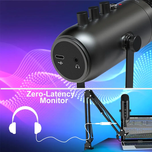 Professional USB Streaming Podcast PC Microphone Studio Cardioid Condenser Mic Kit with Boom Arm for Recording Youtube