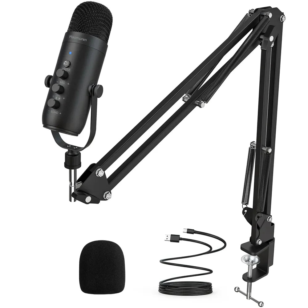 Professional USB Streaming Podcast PC Microphone Studio Cardioid Condenser Mic Kit with Boom Arm for Recording Youtube