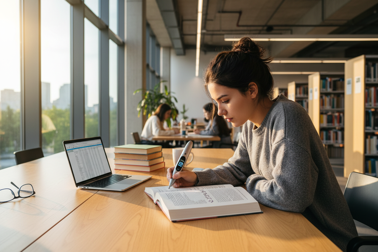 Student using translator pen for studying